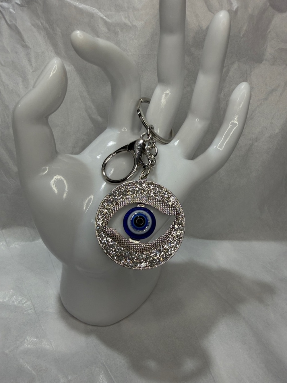 Silver Crystal Evil Eye Keychain with Blue Center